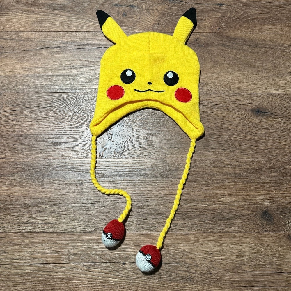 Pokemon Pikachu Yellow‎ Knit Laplander Beanie Hat Unisex OSFM Poke Ball Tassels